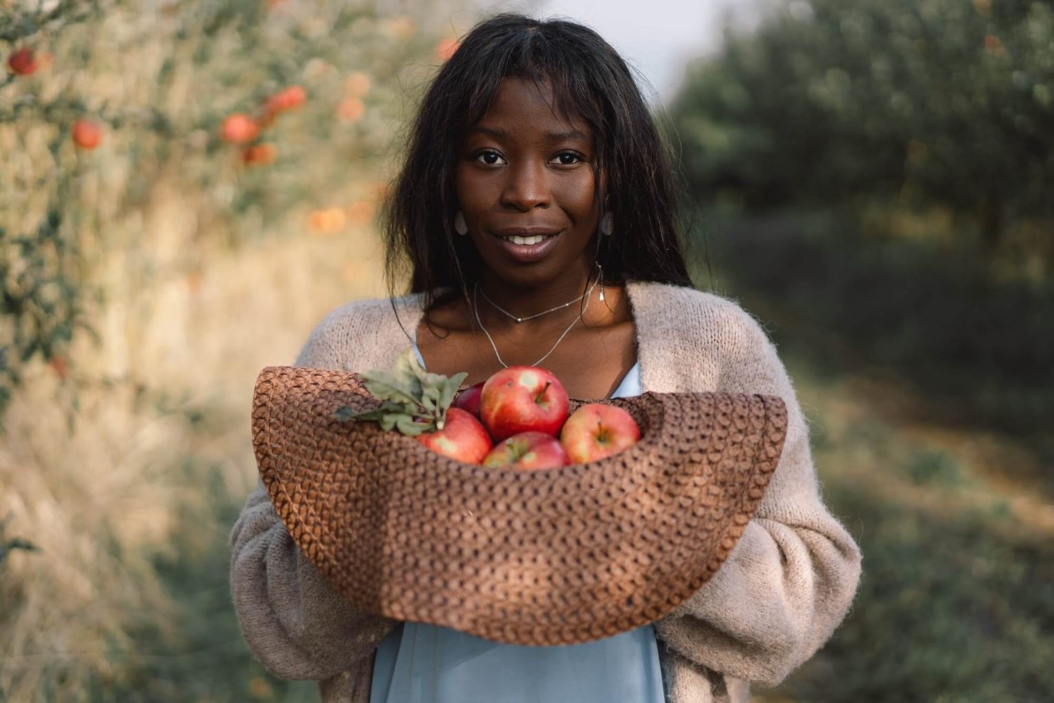 happy afro girl and apples